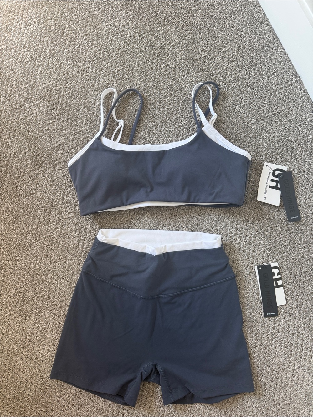 Goldhinge Navy and White Sport Bra with High-Waist Shorts
